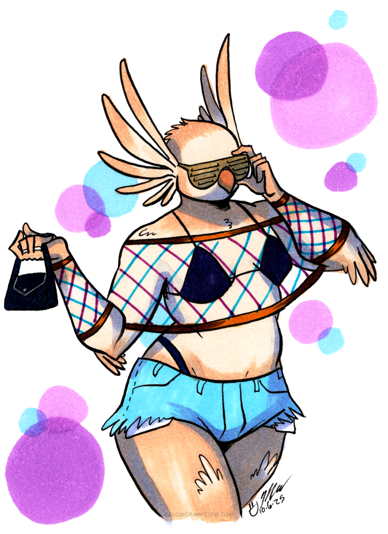 a plump young anthro owlbear woman tips her Kanye shades while she walks. She wears a bikini top under an 80s-style fishnet top and denim booty shorts. She carries a little black clutch purse.