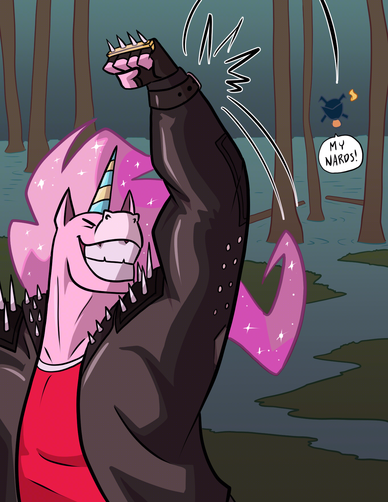 a bright pink unicorn man in black leather swings a punch with a smile on his face. Who did he punch? A politician whose now flying across a swamp with his wig flying off, who is now falling into a swamp.