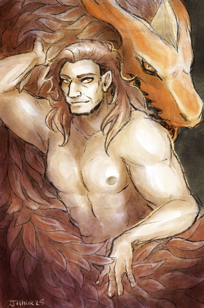 a watercolor digital painting of Basho (or is it Ranki?), shirtless and with messy hair, stroking a dragon with red scales and an orange head with golden eyes