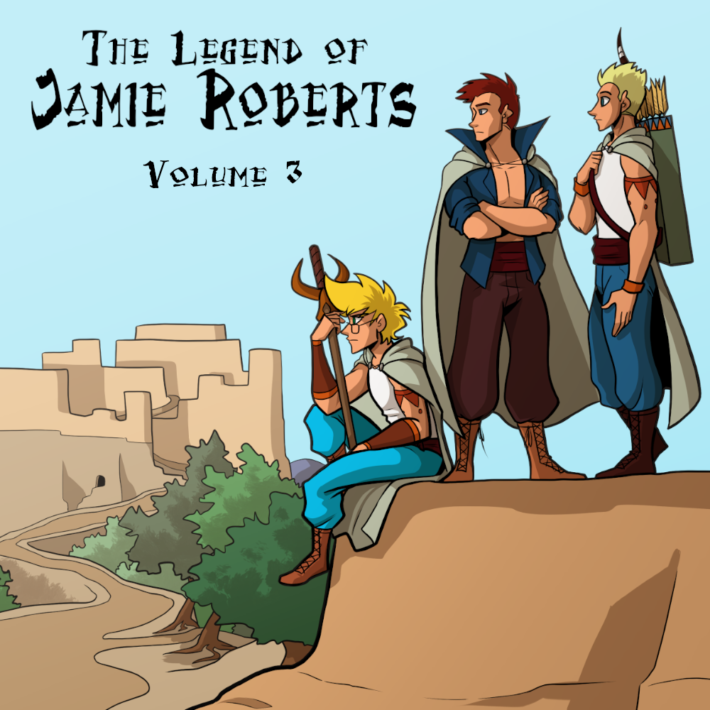 A young genderqueer person with blonde hair and glasses sits on the edge of a mesa. Two young men stand behind them, one with dark brown hair and the other with light blonde hair. All three wear a light green cape and are gazing out over the horizon. In the distance is a long, winding path leading to a mesa and a castle town sitting on top of it.