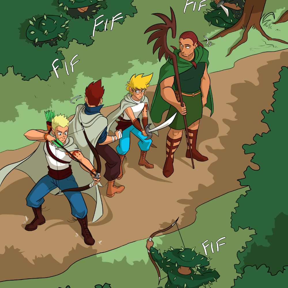 A broad-shouldered, older man with dark red hair looks over his shoulder. So does a young, blonde genderqueer person beside him who wields a sword. Besides them is a young man with dark brown hair, his fists wrapped in boxer’s gauze. Behind him is a young blonde man wielding a bow, arrow drawn and aimed at a stranger in the bushes. The stranger in the bushes, wearing camouflage, aims their bow and arrow at the young blonde man. In other bushes nearby are other people in camouflage, making themselves visible.