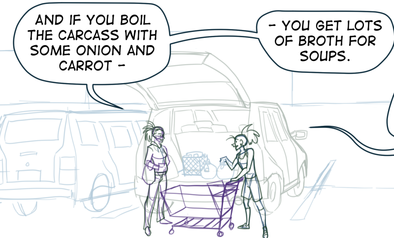 this is a sketch of a panel from Vanita and the Demon King. Charlie and Vanita are loading groceries in the back of an SUV as Charlie says, "And if you boil the carcass with some onion and carrot - you get lots of broth for soups."
