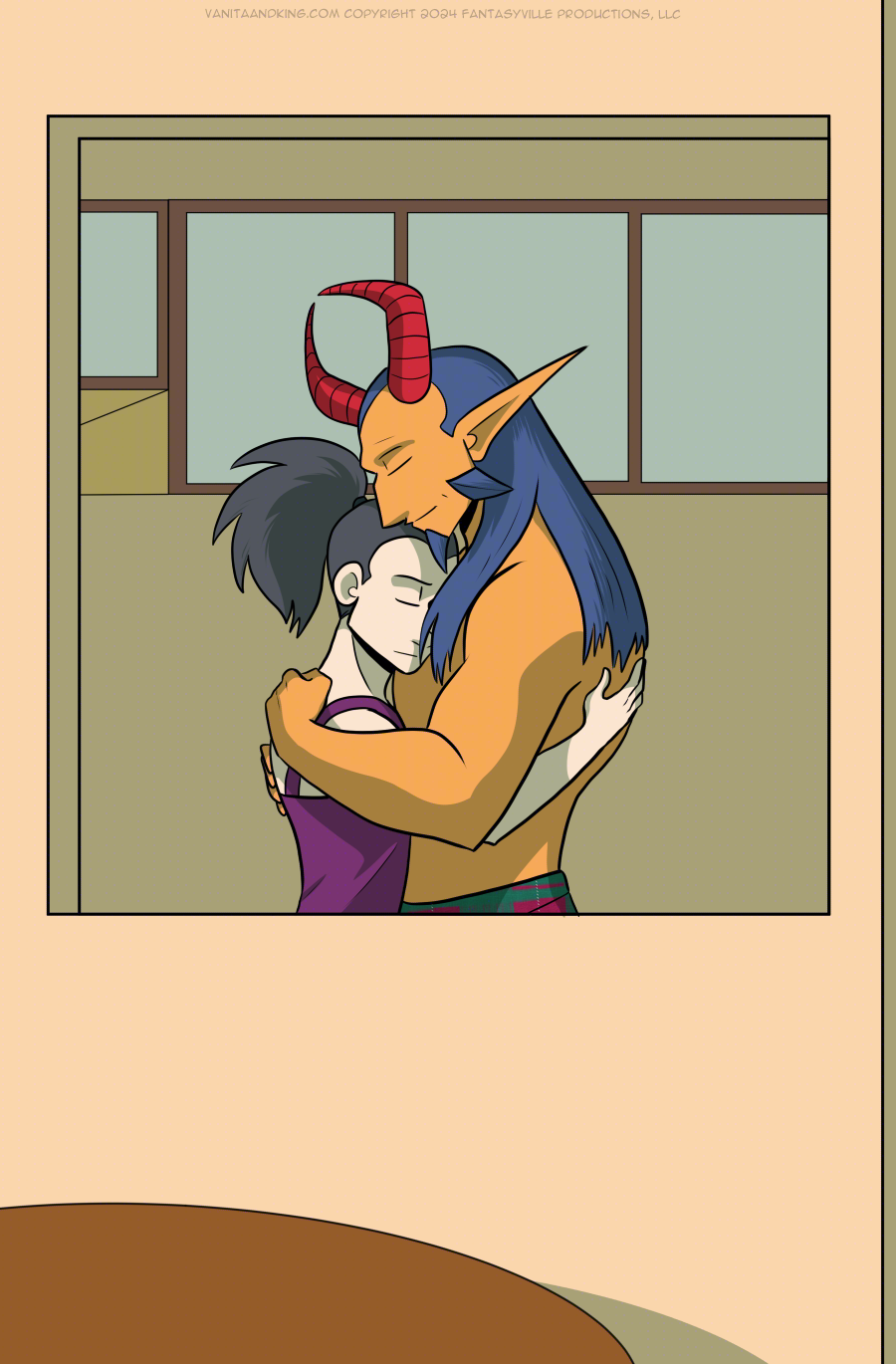 In this full-page, we see through the kitchen window and see Vanita and the Demon King in a quiet, contemplative embrace.