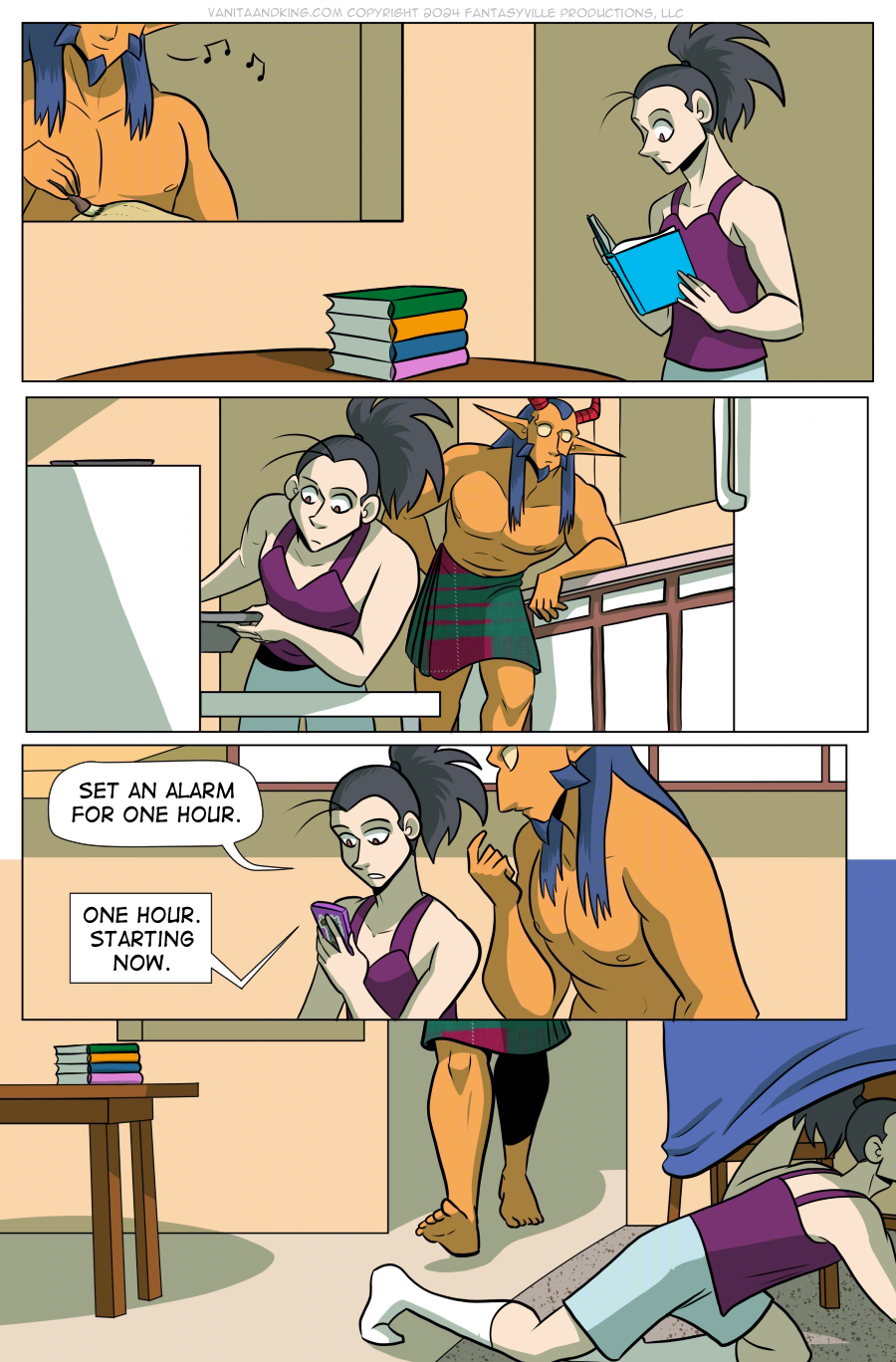 Panel 1: Wide panel. Vanita stands next to the dining room table, a stack of books next to her. She reads one of the books with the updated notes. Through the window into the kitchen, we see King brushing oil on the chicken and humming.  Panel 2: Vanita slides the roasting tray into the oven. Behind her, King leans forward to try and peek at what she is doing.  Panel 3: Medium shot on Vanita and Demon King from the waist up as they stand in the kitchen. Vanita holds her phone, and King watches, confused.  Vanita says, “Set an alarm for one hour.” The phone says, “One hour. Starting now.”  Panel 4: Wide shot. Vanita goes into the living room and crawls into the blanket fort. King is walking from the kitchen to follow.