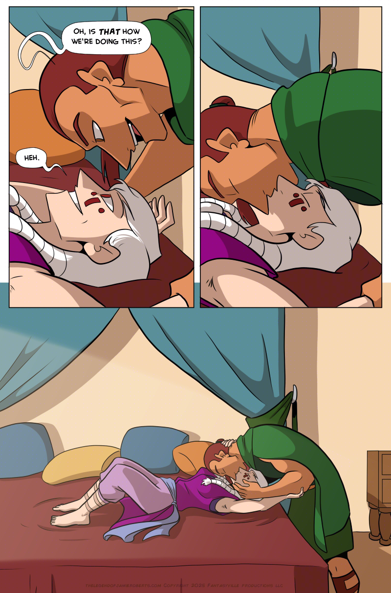Panel 1: Basho leans over Norsa, grinning. Norsa is also smiling mischievously.  Basho: Oh is THAT how we’re doing this?  Norsa: Heh.  Panel 2: Basho leans down and the two kiss.  Panel 3: Zoom out. We see the bedroom with Basho bent to kiss Norsa on the bed. The late afternoon sun comes in through the window on the left side of the panel.