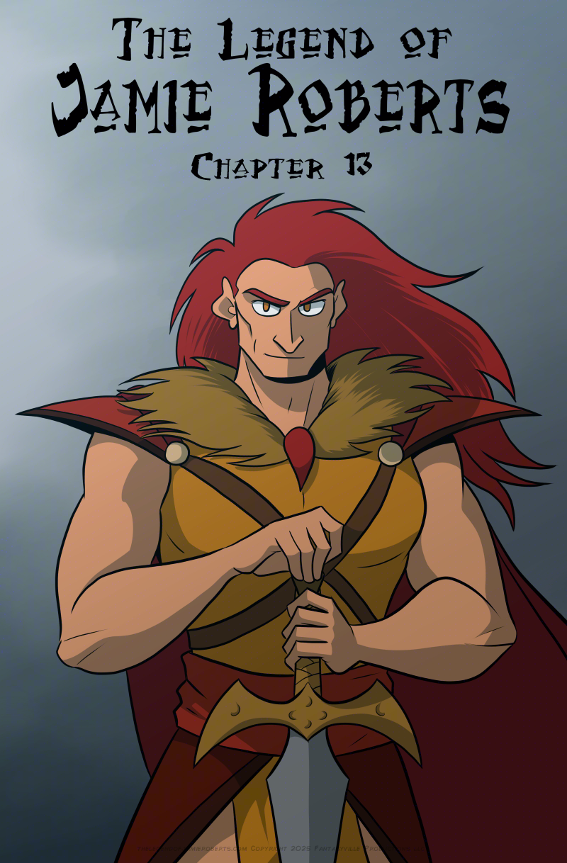 A brawny, red-haired man holds a sword in front him, wearing red and orange armor. He grins with malice. Behind him, storm clouds gather.