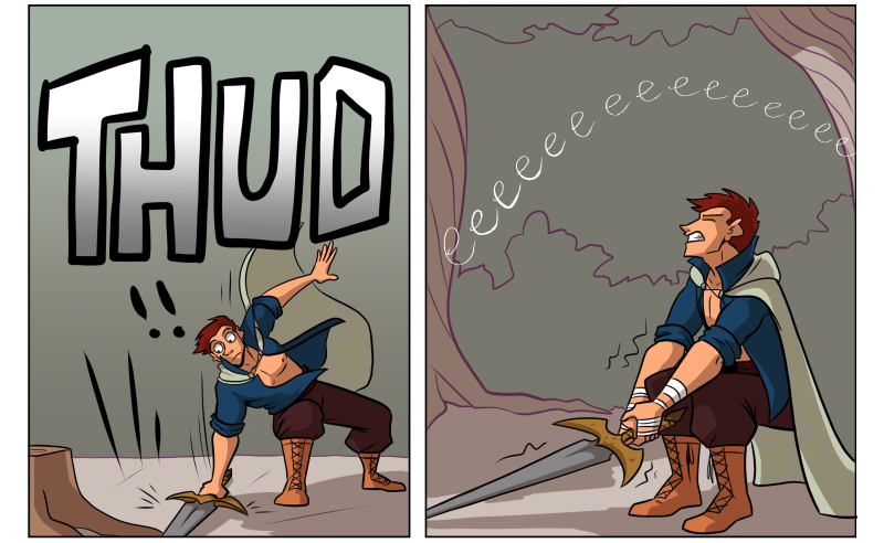 Panel 1: THUD. The sword is so heavy that Thomas is pulled down with it as it hits the ground.  Panel 2: Thomas squats and struggles to lift the sword, grinding his teeth and shaking.