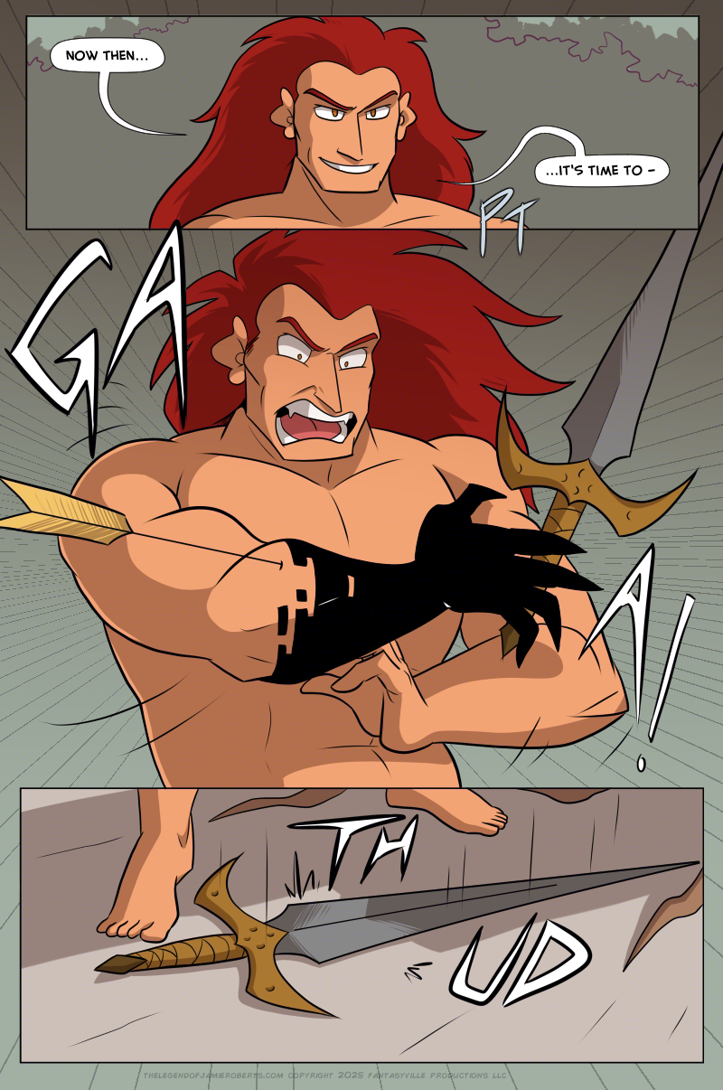 Panel 1: wide panel, close up on Ranki. He smiles and says, “Now then...it’s time to - “ PT  Panel 2: An arrow with yellow feathers is now in Ranki’s black arm. He cries out “GAA!” and lets go of his sword.  Panel 3: Wide panel, the sword lands on the ground with a THUD at Ranki’s bare feet.