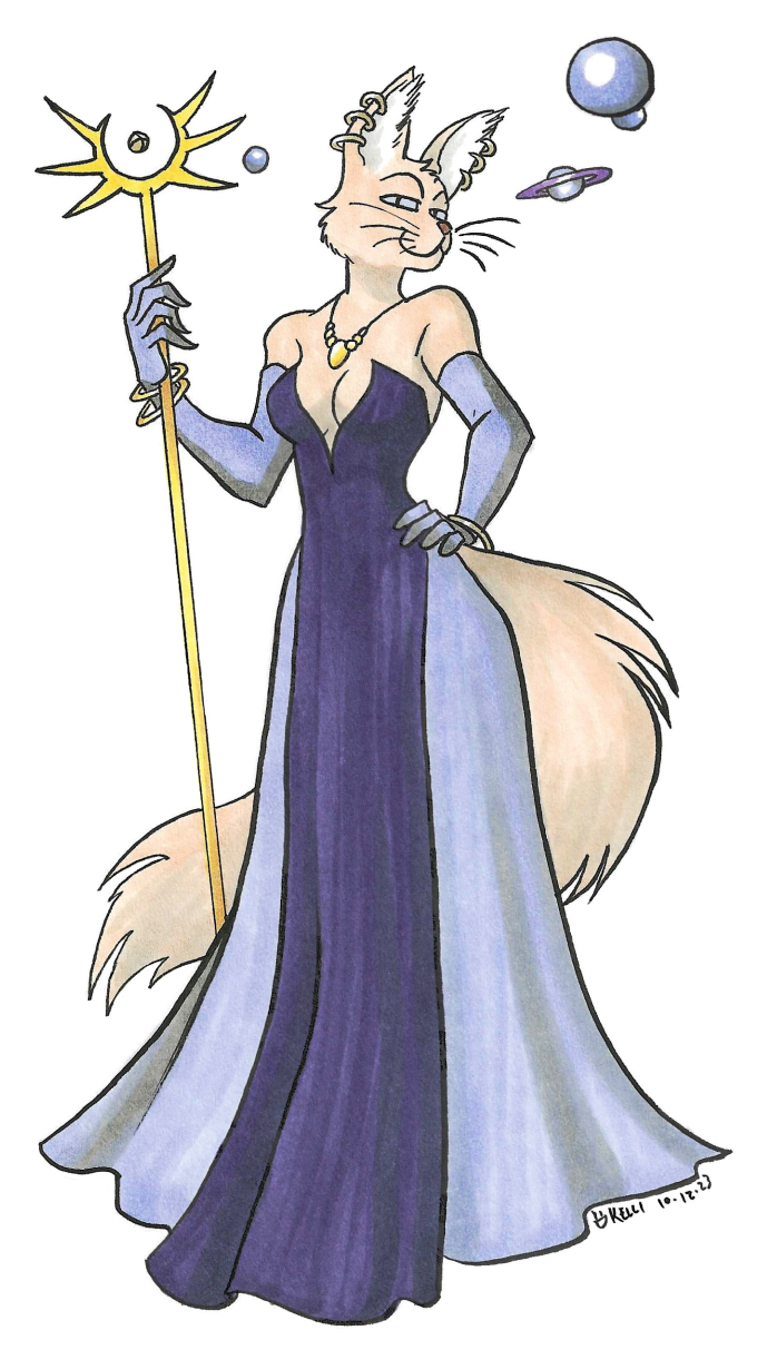 a golden cat woman struts in a long, purple and lilac ballgown with lilac gloves. She holds a golden staff topped with a half-moon shape with radiating spikes and, in the center, a floating orb. Three planet-like orbs float around her head. She smiles at the viewer knowingly.