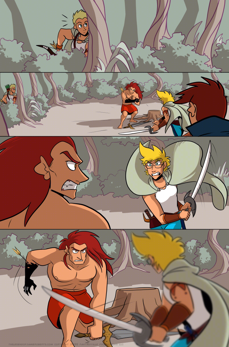 Panel 1: Wide panel. Daniel hides behind a tree, drawing another yellow-feathered arrow from a quiver on his hip. He looks startled.  Panel 2: Wide panel. We see Thomas close-up in the foreground, watching as Jamie runs towards Ranki with a ready sword. Ranki is distracted by the arrow that got shot into his dark arm. Far to the left we see Daniel in shadow behind one of the twisted trees.  Panel 3: We see over Ranki’s shoulder as Jamie charges at him, sword raised and teeth bared in rage.  Panel 4: We see over Jamie’s shoulder as they charge at Ranki. Ranki bends down, left hand on the hilt of his sword, teeth bared.